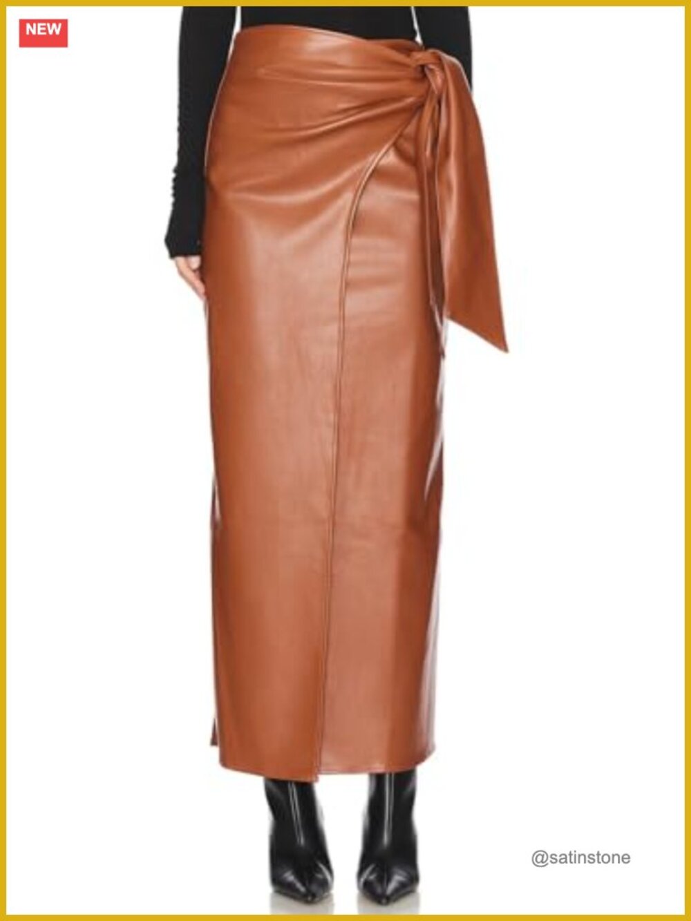 Faux Leather Wrap Midi Skirt Side Slit High Rise Fall